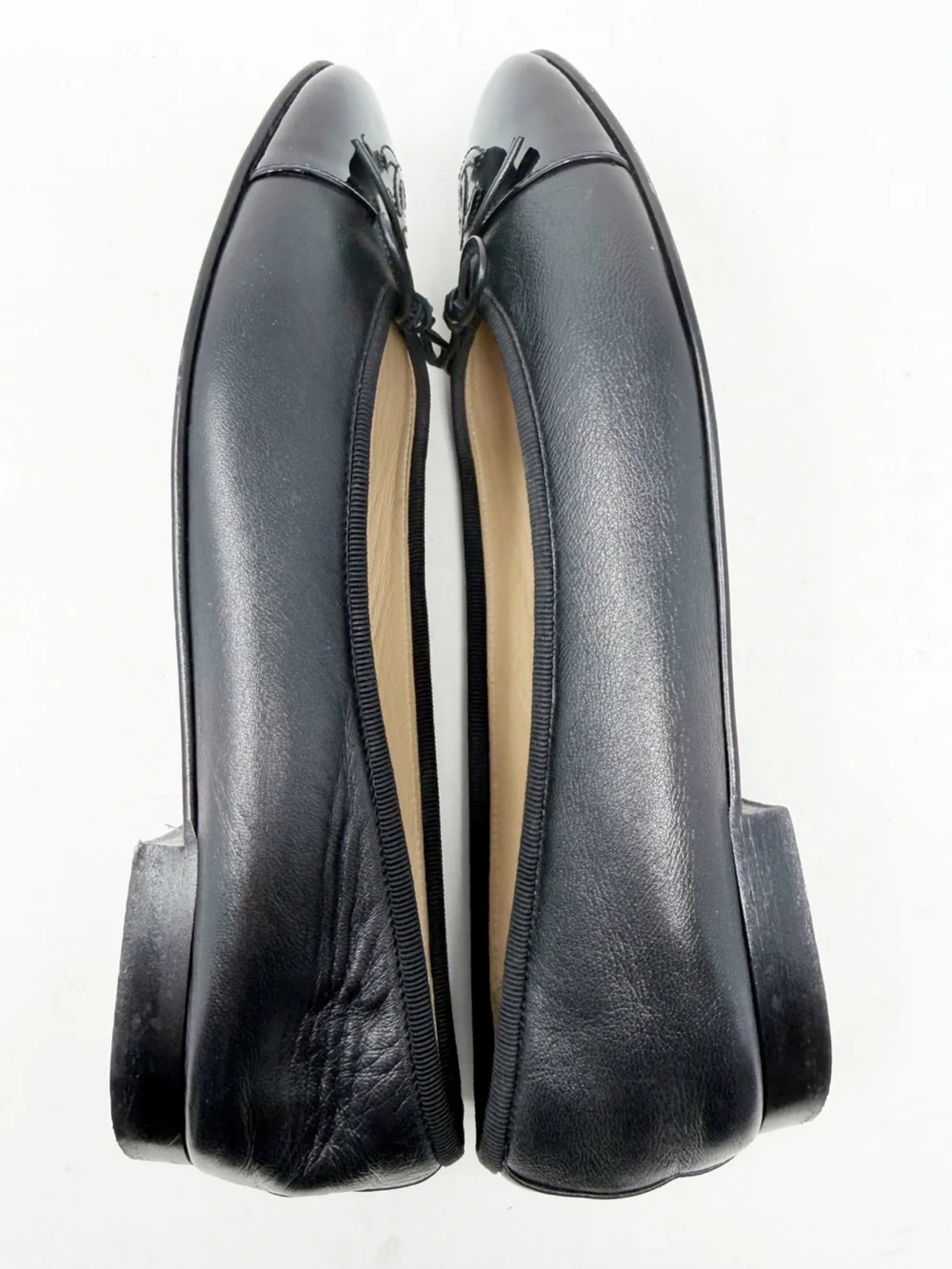 Chanel CC Cap Toe Leather Ballet Flats Black Womens EU 37.5